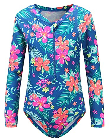 Moon Tree Big Girls Swimming Costume One Piece Swimsuit Long Sleeve Rash Guard Blue Age 13-14 Years