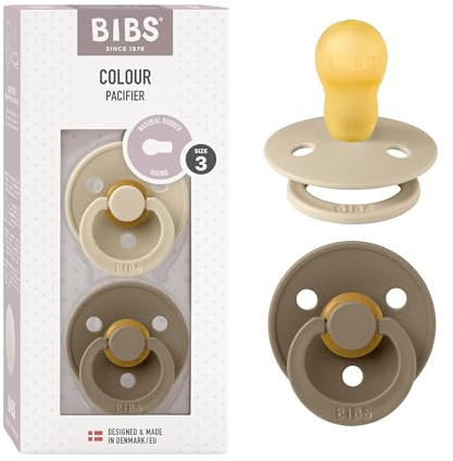 BIBS Colour Ciuccio confezione da 2 pezzi. Privo di BPA, Tettarella tonda. Lattice di gomma naturale, Misura 3 (18 + mesi), Vanilla / Dark Oak