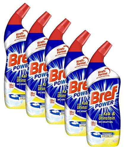 Bref Power WC-KraftGel 15x Effekt gegen Kalk und Urinstein, WC Reiniger für kraftvolle Reinigung, 5er Pack (5 x 750 ml)