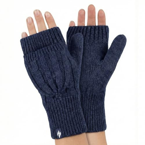 HEAT HOLDERS - Womens Thermal Converter Fingerless Cable Knit 2.3 tog Gloves Navy