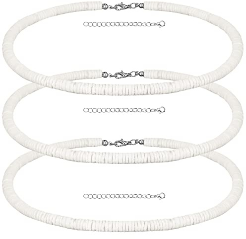 WILLBOND 3 Pcs Puka Shell Necklace Men Women White Surfer Seashell Necklace Shell Beaded Choker with Extension Chain(14 Inch)
