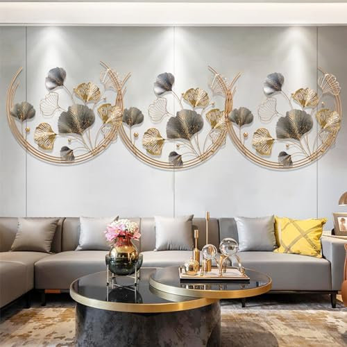 GERHWASH Wanddeko Metall Gingko150cmx50cm Gold Wanddeko Metall 3D Wandskulpturen Ginkgo Moderner Luxus Wandkunst Wohnkultur for Wohnzimmer Schlafzimme