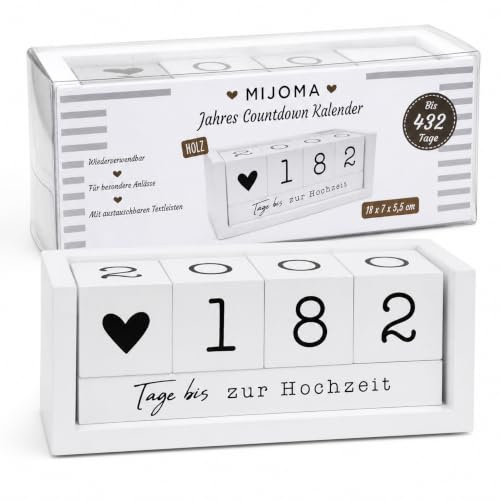 MIJOMA År nedräkningskalender av trä – permanent bordskalender med dekorativa kuber – upp till 432 dagar för speciella tillfällen (vit – tysk utgåva, ca. 18 × 7 × 5,5 cm)
