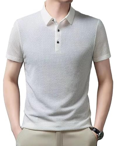 Chemise d'été respirante à manches courtes en soie glacée pour homme avec col montant - Respirant, pour le travail et les loisirs en plein air