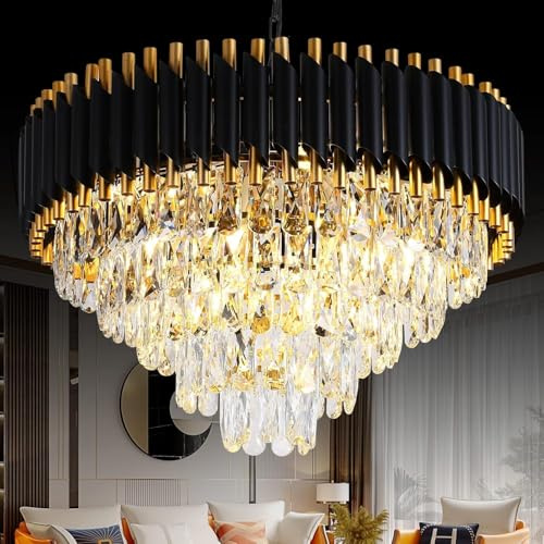 MSSIAN Gold Modern 5-Tier Round Crystal Chandeliers - Black, Large, E14*12Light for Dining, Living, Bedroom & Entryway