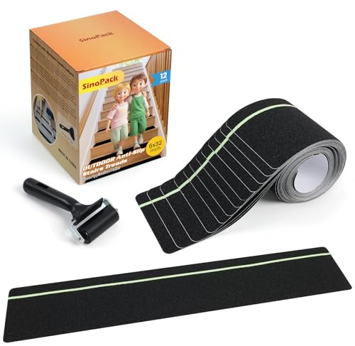 Outdoor Non Slip Tape 6'' x 32'' (12-Pack) High Traction Adhesive Treads with Free Roller - Heavy Duty 80 grit Non Slip Tape -Anti Skid Strips Black with Glow in The Dark Stripe - Grip Tape for Steps