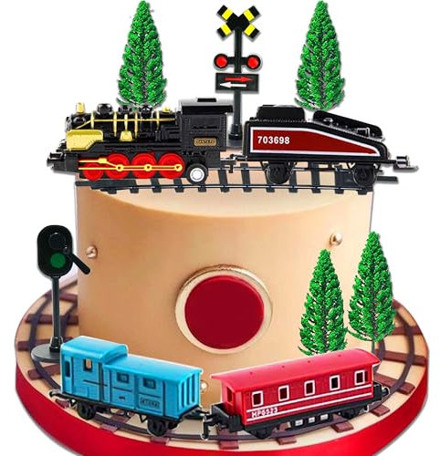 BACH AND BOOZY Train Cake Decorations Mini Train Figure Traffic Track Railway Cake Topper for Boy Kids Steam Train Theme Birthday Party Decoration Supplies Favors