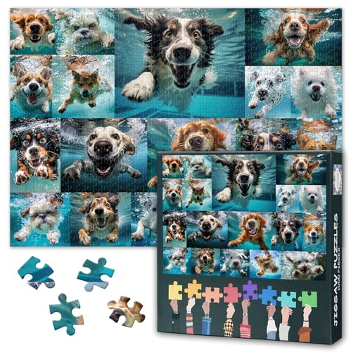 Happy Dog Puzzles for Adults 1000 Pieces, Underwater Animal Portrait Close-up Adult Puzzle with Letters on Back, Cute Impossible Difficult Puzzles Games for Family Birthday Party 27.5 x 19.7 inch