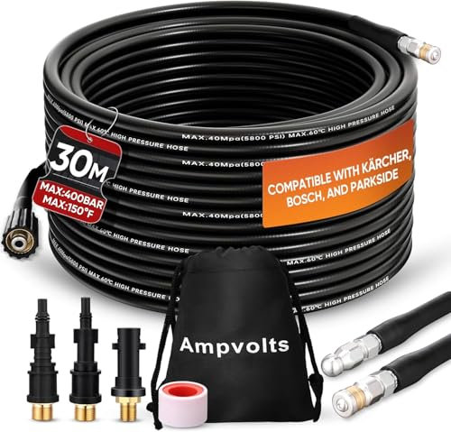 Ampvolts Rohrreinigungsschlauch Set 30m - 400 Bar/5800 PSI, kompatibel mit Karcher K2-K7, Lavor, Bosch Hochdruckreiniger, Premium Karcher Rohrreinigungsset für verstopfte Rohre und Abflüsse