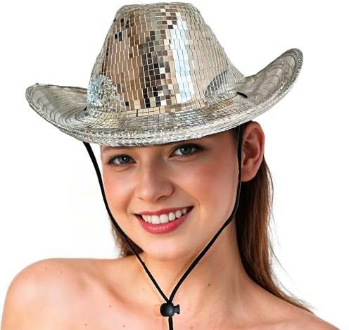 WickedFun Lyxig silver discoboll cowboyhatt för män och kvinnor – unisex vuxen cowgirlhatt fin klänning festtillbehör för festivaler, konserter, maskeradkläder och möhippa – tillbehör