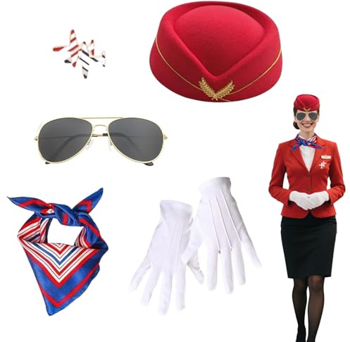 SHIQUAN Accesorios para disfraz de azafata, disfraz de azafata para mujer, auxiliar de vuelo, con gorro de azafata, guantes, gafas de sol y broches (Rojo)