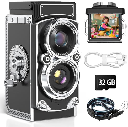 Vintage Digital Camera, TLR Style Portable 1080p FHD 12MP Auto Focus Retro Camera med Klassiska B & W -filter för Vlogging Nybörjare Tonåringar och Resor (32 GB)