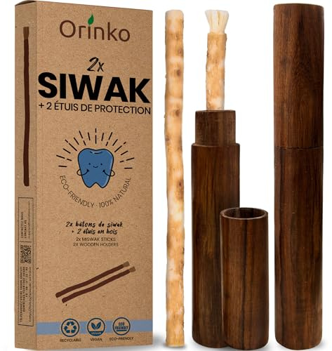 ORINKO 2 Bâtons de Siwak + 2 Étuis en Bois – Miswak Brosse à Dents Naturelle Écologique et Vegan – Soin de la Bouche Traditionnel et Blanchiment des Dents