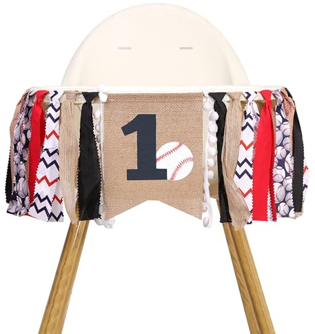 Baseball 1st Birthday Highchair Banner - Baseball First Birthday Decorations, Rag Tie Fabric Garland, White And Red Cake Smash Photo Props, Sports Theme Party Supplies