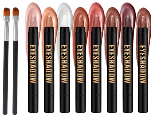 HENGBIRD 8 Farben Lidschatten Stift Set mit 2 Pinseln – Hochpigmentierter Eyeshadow Stick in Matt, Shimmer & Metallic – Wasserfest, Langanhaltend, Cremige Textur für Party & Alltag Make-up Geschenk