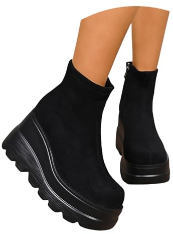 MEECHI Stivaletti con Zeppa Stivaletti in Pelle Scamosciata da Donna Stivali Corti Impermeabili con Plateau Ankle Boots con Cerniera Scarpe alla Caviglia Autunno Inverno(36 EU)
