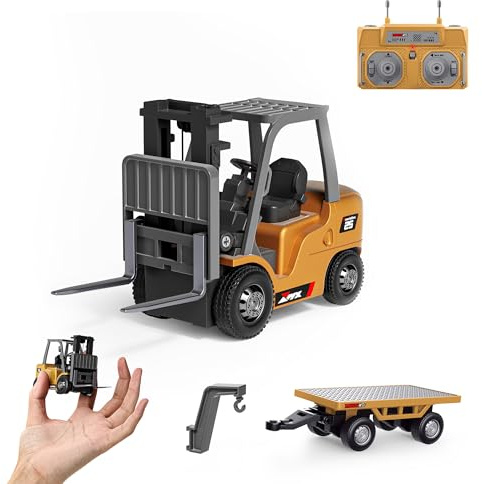 BRRRRT 1/64 Full Proportional RC Forklift Toy,8 Channel 2 Mode Mini Remote Control Forklift Truck with Flatbed Tow Truck,2 in 1 Transformable Lift Fork & Hook with Rechargeable Battery for 4+ Kids