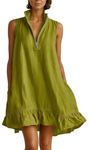 Vestido de verano para mujer, cuello de pico, minivestido de línea A, vestido de ocio, corte holgado, vestido de playa, sin mangas, transpirable, ligero y aireado, vestido de fiesta, monocolor