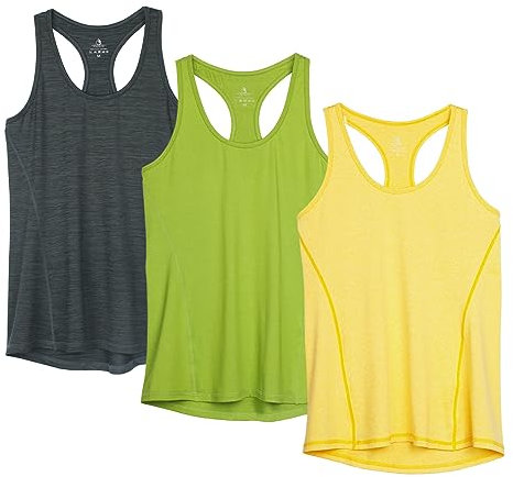 icyzone Damen Sport Top Fitness Yoga Shirt Ringerrücken atmungsaktives Sportoberteile Funktionsshirt Gym Tanktop, 3er Pack (M, Ombre Blue/Spectra Yellow/Green Glow)
