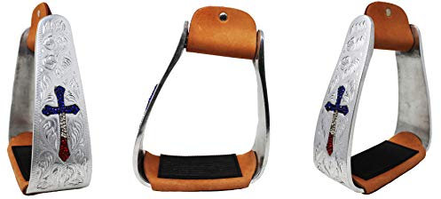 Horse Saddle Stirrup Western Aluminium Cross Engraved Saddle Angled Stones 51207