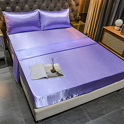 Chickw1 Satin Seide Spannbetttuch, Einfarbig Spannbetttuch Boxspringbett, 100% Polyester Weiche Spannbettlaken Matratzenschoner für Bettw Sche, Steghöhe bis 36-40cm (Lila,180x200x40cm)
