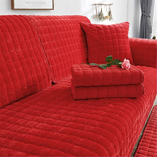 SYLC Sofa überzug Dicker Plüsch Schonbezug Sofabezug Gesteppte Sofa Sitzkissen Couchbezüge rutschfeste Sofaschoner Vor Haustieren Winter (Rot,90 × 160 cm)