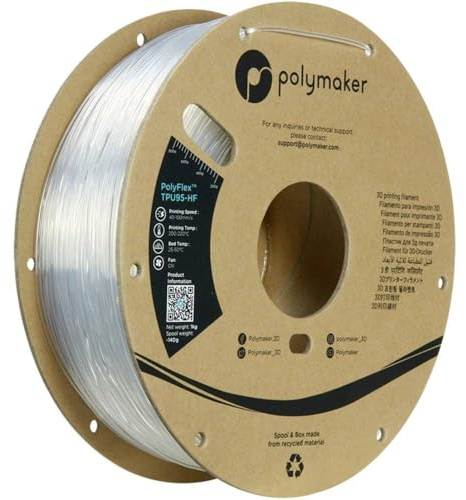 Polymaker Filamento TPU ad alto flusso 1.75 trasparente, Shore 95A Filamento flessibile 1,75 mm, Bobina di cartone da 1 kg - Filamento TPU PolyFlex TPU95-HF Filamento 1,75 mm Flessibile