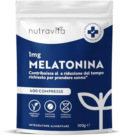 Melatonina - Integratore per il sonno ad alto dosaggio da 1 mg - 400 compresse vegane - Melatonina pura ed estratti di valeriana, camomilla e lavanda - Favorisce il sonno - Nutravita