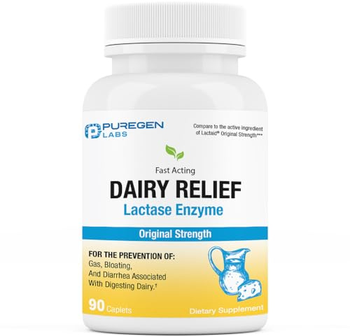 Puregen Labs Dairy Relief Natural Fast Acting Lactase Enzyme 3000 FCC, Lactose Intolerance Pills 90 Caplets