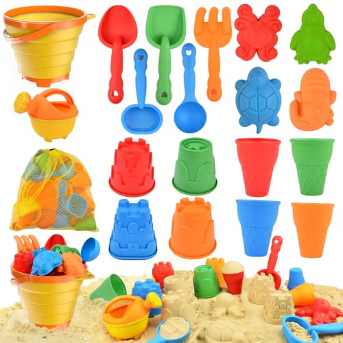 Sotodik Beach Toys Set for Kids, Collapsible Sand Bucket and Shovels Set with Watering Can,Mesh Bag, Ice Cream &Animal Sand Molds,Travel Beach Toys for Toddler Boys Girls Age 3 4 5 6 7 8+