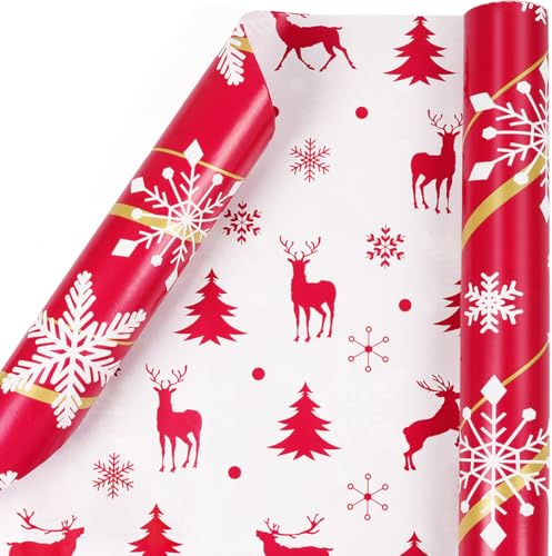 Rollo de papel de regalo de Navidad reversible, rojo y blanco, rollo de papel de regalo de Navidad para niños y adultos, copo de nieve y alces para Navidad vacaciones de invierno, 43 cm x 10 m