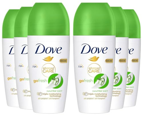 Dove Deodorant Roll On Advance Care Go Fresh Cucumber Scent 72H Odour Protection Anti-Transpirant and Anti-Perspirant for Women with Triple Moisturising Technology 50ml, 6 Pack