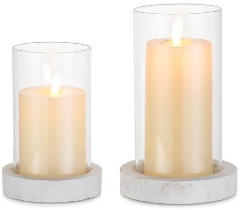 NUPTIO Windlicht Glas Kerzenhalter Holz: 2er Set Rustikales Weiß Windlichter Glaszylinder mit Boden Vase Groß Stumpenkerzen Gläser Kerzenständer Tischdeko Esstisch Deko Weihnachten Hochzeit
