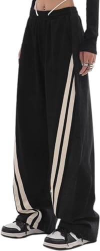 ThiCc Pantaloni sportivi da donna con patchwork in denim, pantaloni dritti con coulisse in vita con tasca Y2K a righe laterali a blocchi di colore bicolore jeans cargo pantaloni da jogging