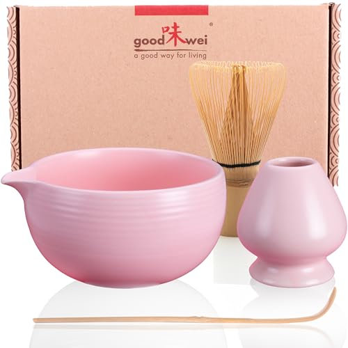 Goodwei Ensemble Thé Matcha | Bol à matcha artisanal Chawan avec bec verseur, cuillère e fouet à matcha avec support à fouet en céramique au design assorti | Coffret cadeau (Camellia Rose)