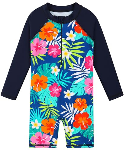 ZNYUNE Mädchen Einteiler Langarm Badeanzug Stoffdruck Kinder Schwimmanzug S480 NavyFlower 140/146