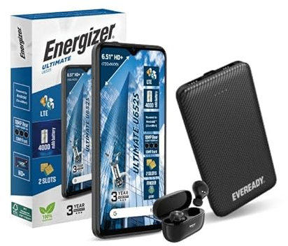 Energizer Megapack U652S – Smartphone 4G 6.5 Android 13, 64 Go, RAM 2 Go, Double SIM, Débloqué + Écouteurs Bluetooth + Powerbank 10000 mAh – Pack Complet Autonomie, Audio et Mobilité