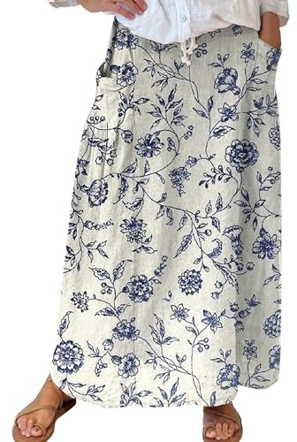 Deals of The Day Spring Deals Skirts for Women UK Women's Retro Floral Art Linen Elastic Waistband Pocket Skirt Long Boho Skirt Elastic Waist Skirts for Evening Women UK Lady Fancy Dress Blue