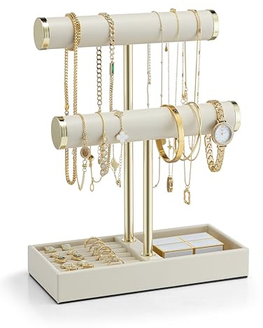 Vlando 2-Tier Armbandhalter, Schmuckständer mit Ablage - Lederner Schmuckhalter Organizer für Frauen - Uhrenständer Display für Halsketten, Uhren, Ringe, Ohrringe, Armbänder,Haarreif- Beige