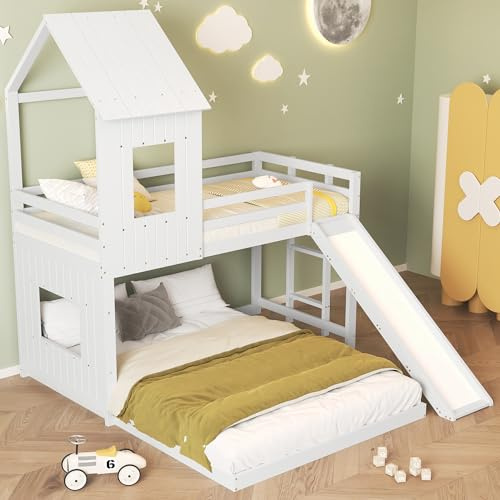 RIAZOS Kinderbett Etagenbett 90×200 & 140×200 mit Rutsche, Hochbett Doppelbett mit Dach für 3 Kinder, Holzbett mit Rausfallschutz und Lattenrost, Ohne Matratze