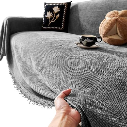 Granbest Thicken ChenilleThrow Blankets for Couch and Bed, Soft Cozy Sofa Blanket with Tassel, Decorative Sofa Cover, 4 Seasons Universal Sofa Protector for Pet Kids(180 x 300,Chenille Gray)
