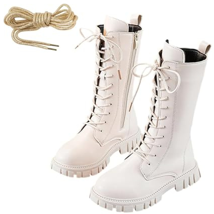 Bottes montantes pour filles - Bottes de cowgirl en cuir - Fermeture éclair latérale - Tendance - Décontractées - À lacets - Confortables - Automne et hiver - Chaussures d'école imperméables