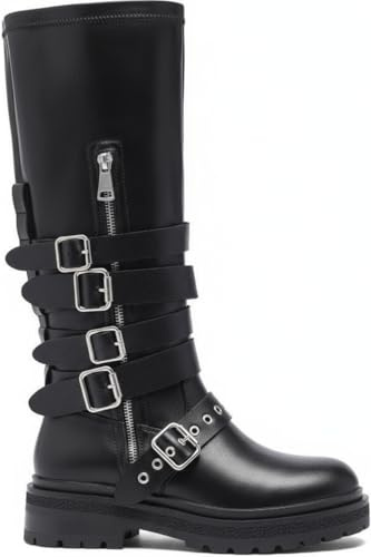 URBAN ROSA Stivali Donna Biker Anfibi con Cerniera e Fibbie Stile Motociclista Rock 8055 (NERO, 37 EU, Adulto, 37, Numero, Sistema Taglie Calzature EU, Media)