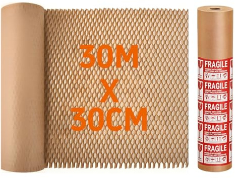 LJAPPLIED Honeycomb Packaging Paper Roll 30M x 30cm with Fragile Warning Sticker, Alternative to Bubble Wrap, Reusable Wrapping Paper for Shipping, Moving, Breakables and Gift