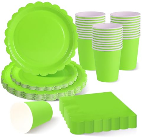 ZblPyro Verde Lima vajilla cumpleaños para 30 invitados con platos carton ondulados 23cm y 18cm, vasos de papel y servilletas. Ideal para fiestas primavera y cumpleaños.
