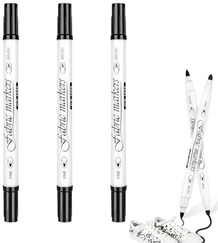 Hyleon 3-Pack Black Permanent Fabric Pens – Dual-Tip Fine & Brush Textile Markers for Clothes, T-Shirts, Bags & Shoes – Washable After Heat Set, DIY Customisation Art Kit
