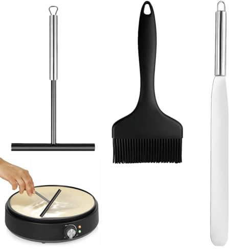 3Pezzi Spatola Crepes in Acciaio Inox,Distributore di Crepes Set,Stendi Crepe con Spazzola in Silicone,Spatola Sottile in Silicone per Crêpe Flipper,Manico Lungo Stendipasta,Strumenti per Fare Pancake