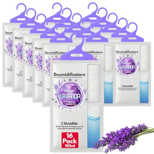 Deumidificatore Armadio Profumato 150ml con Appendino - 16 Sacchetti Anti Umidità Lavanda - Antimuffa e Assorbi Odori per Armadi, Camera, Bagno e Casa