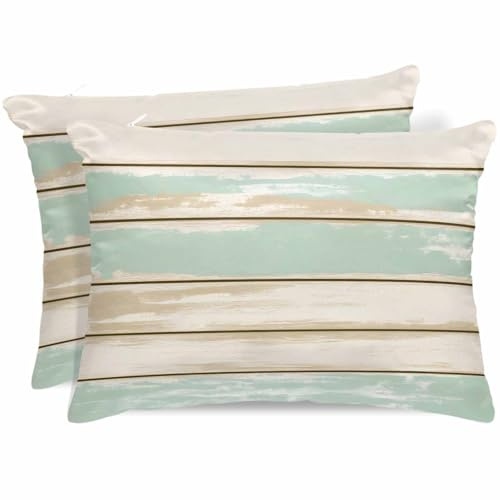 Gusidachig Green Beige Striped Satin Pillowcase for Hair and Skin with Zipper, Soft Breathable Cooling Silk Pillow Cases, Vintage Farmhouse Wood Grain Throw Pillow Covers Queen Size 20x30 Set of 2