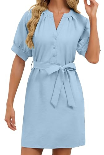 Generico Abito Midi Donna Estivo Colore Unito con Scollo a V Legatura Cintura Tasche Elegante Fluido Abito(Blue, M)